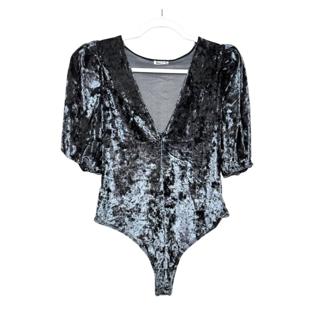 Free People Intimately Velvet Bodysuit Plunge Neckline Puff Sleeve Party‎ Top